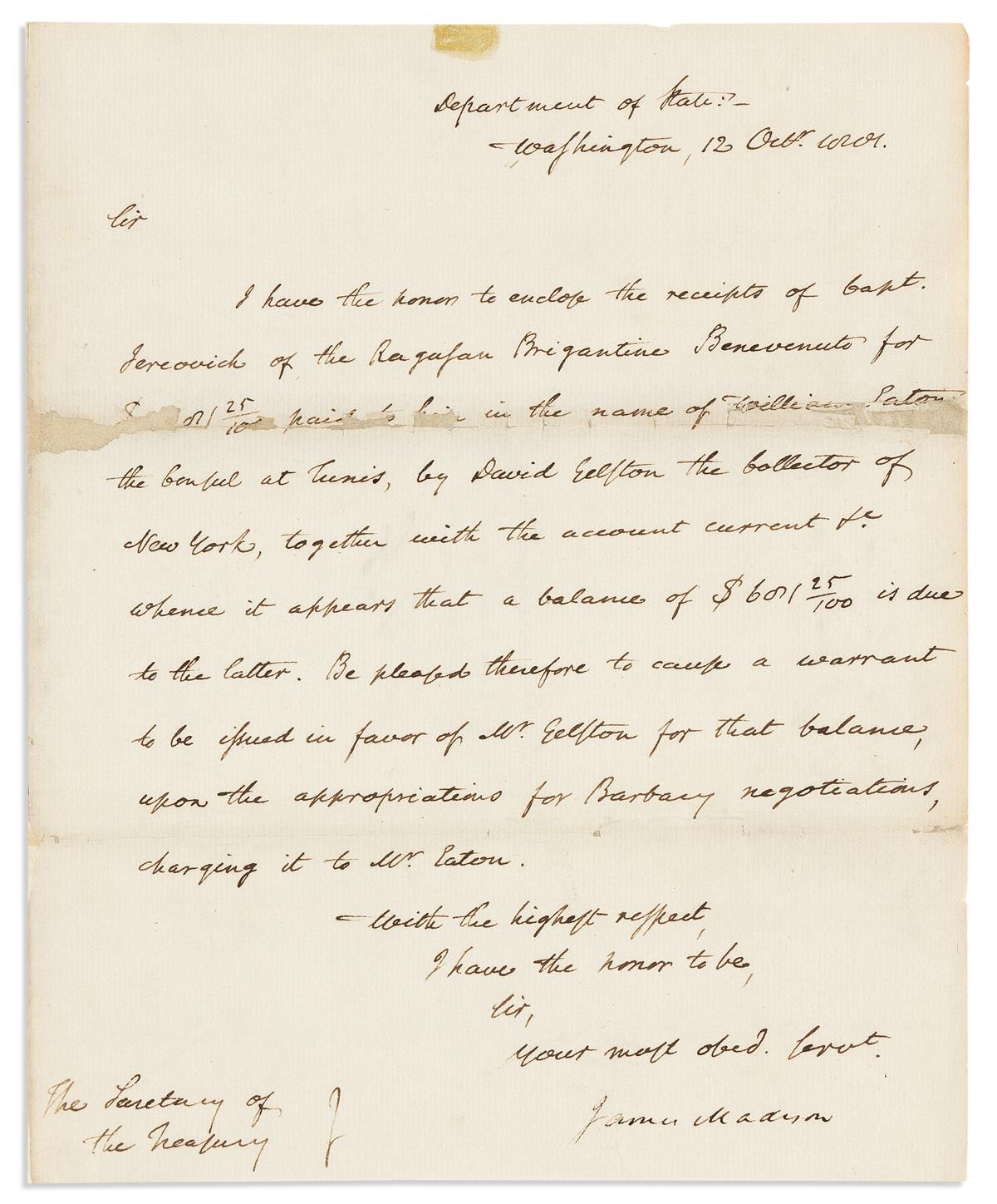 MADISON, JAMES. Letter Signed, as Secretary of State, to Secretary of the Treasury Albert Gallatin,